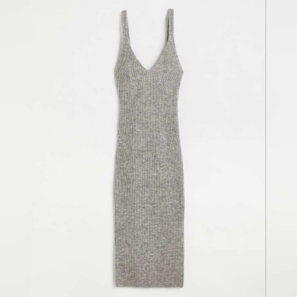 Gray Ribbed Knit Midi Bodycon Tank Dress